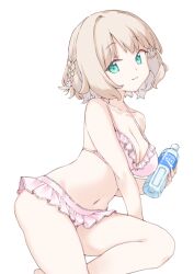 1girl aqua_eyes bare_shoulders bikini blonde_hair blue_eyes blunt_bangs bottle braid breasts cleavage closed_mouth commentary frilled_bikini frills green_eyes highres holding holding_bottle large_breasts looking_at_viewer maigoyaki medium_breasts navel original pink_bikini pocari_sweat short_hair simple_background solo stomach swimsuit symbol-only_commentary white_background