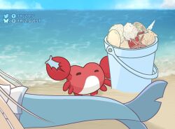 1girl beach blue_sky bucket cloud crab dress fins fish_girl fish_tail fruzmig highres indie_virtual_youtuber long_hair sameko_saba sand sky solo tail very_long_hair virtual_youtuber water white_dress