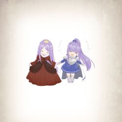 Rule 34 | +++, 2girls, ^ ^, ace (miracle nikki), armor, armored boots, artist request, black bow, black choker, blue bow, blue dress, blunt bangs, boots, bow, bowing, bracer, breastplate, cape, chibi, choker, closed eyes, collared dress, crown, dress, eyelashes, frilled dress, frilled sleeves, frills, game cg, gown, grey boots, grey cape, hair bow, happy, high collar, high ponytail, holding hands, juliet sleeves, knee boots, light blush, long dress, long hair, long sleeves, medium dress, mini crown, miracle nikki, multiple girls, nikki (series), official art, open mouth, pauldrons, pleated dress, ponytail, puffy sleeves, purple hair, queen elle, red dress, shoulder armor, siblings, sidelocks, sisters, skirt hold, sleeves past wrists, smile, standing, straight hair, striped clothes, striped dress, teeth, third-party source, two-sided cape, two-sided fabric, vertical-striped clothes, vertical-striped dress, very long hair, white background, white cape, yellow crown