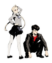 Rule 34 | 1boy, 1girl, absurdres, black skirt, blonde hair, blue neckerchief, braid, delinquent, gakuran, glasses, grey serafuku, highres, juusan kihei bouei ken, kisaragi tomi, loafers, long hair, neckerchief, ogata nenji, pantyhose, pleated skirt, pompadour, red-framed eyewear, red shirt, school uniform, serafuku, shirt, shoes, skirt, squatting, twin braids, wenfei ye, white background, white pantyhose
