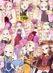 Rule 34 | 1girl, :&lt;, alcohol, alternate costume, alternate hairstyle, animal, animal ears, aqua (konosuba), aqua (konosuba) (cosplay), armor, ass, beatrice (re:zero), black cat, black choker, black dress, black gloves, blonde hair, blue eyes, blue shirt, blue skirt, blush, bow, bowtie, butterfly-shaped pupils, butterfly hair ornament, cat, champagne, champagne flute, chestnut mouth, choker, closed mouth, commentary request, cosplay, cowboy shot, crown, cup, darkness (konosuba), darkness (konosuba) (cosplay), detached sleeves, dress, drill hair, drill ponytail, drinking glass, fake animal ears, fake tail, fingerless gloves, floral print, floral print kimono, flower, food, food-themed hair ornament, from side, fruit, fruit hair ornament, gloves, grape hair ornament, grapes, green bow, green bowtie, hair bow, hair flower, hair ornament, hair ribbon, hand fan, hand in own hair, headband, highres, holding, holding animal, holding cat, holding fan, holding tray, human head, iris (konosuba), iris (konosuba) (cosplay), jacket, japanese clothes, kimono, kono subarashii sekai ni shukufuku wo!, leotard, long hair, long sleeves, looking at viewer, megumin, megumin (cosplay), mini crown, miniskirt, multiple views, natsuki subaru, obi, open mouth, pantyhose, pink bow, pink flower, pink leotard, pink pantyhose, pink pupils, pink ribbon, pink sash, playboy bunny, print kimono, rabbit ears, rabbit tail, re:zero kara hajimeru isekai seikatsu, red flower, red headband, red kimono, ribbon, s (hdru2332), sash, shirt, sidelocks, sideways glance, skirt, smile, sparkle, speech bubble, standing, strapless, strapless leotard, sword, symbol-shaped pupils, tail, track jacket, translation request, tray, twin drills, twintails, upper body, weapon, white background, white shirt, wrist cuffs, x hair ornament, yunyun (konosuba), yunyun (konosuba) (cosplay)