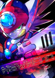 1boy armor axl_(mega_man) black_armor black_background brown_hair chest_jewel closed_mouth corruption cross_scar finger_on_trigger forehead_jewel gloves green_eyes gun guutara handgun helmet highres holding holding_gun holding_weapon jewelry looking_at_viewer male_focus mega_man_(series) mega_man_x_(series) red_helmet romaji_text scar shoulder_armor signature simple_background smile solo solo_focus spiked_hair weapon white_gloves