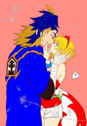 ! 1boy 1girl adaman_(pokemon) arm_wrap blonde_hair blue_coat blue_eyes brown_eyes coat hand_on_another&#039;s_face hetero highres imminent_kiss irida_(pokemon) jiro_(nrnn7532) looking_at_another multicolored_hair nintendo pink_background pokemon pokemon_legends:_arceus two-tone_hair