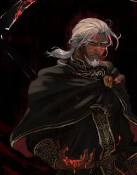 Rule 34 | 1boy, arren (hagakuregg), black background, black capelet, blood, blood in hair, blood on clothes, blood on face, blood on hands, bloody weapon, capelet, commentary, dark-skinned male, dark skin, elden ring, elden ring: shadow of the erdtree, english commentary, facial hair, goatee, grey hair, grin, highres, holding, holding scythe, male focus, old, old man, orange eyes, ponytail, scythe, sir ansbach, smile, solo, sweat, weapon, wrinkled skin