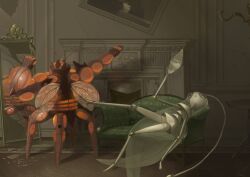 :o absurdres blue_pupils buzzwole chair commentary_request crack fireplace flexing gen_7_pokemon glass_shard highres holding holding_glass_shard indoors king_joe_(neoroto) lying nintendo on_back open_mouth pheromosa pokemon pokemon_(creature) purple_eyes reflection standing ultra_beast