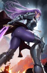 1girl armor arrow_(projectile) artist_name ass battlefield blood blood_from_mouth blood_on_armor breastplate commentary couter earrings elf english_commentary esil_radiru facial_mark fire from_below from_side gauntlets greaves highres holding holding_sword holding_weapon jewelry long_hair original pants pauldrons planted planted_sword planted_weapon pointy_ears poleyn purple_eyes purple_hair purple_pants rerebrace robusta_mania shoulder_armor smoke solo_leveling sword tight_clothes tight_pants vambraces waist_cape weapon