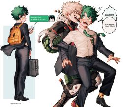2boys absurdres alternate_costume ass bag bakugou_katsuki blonde_hair boku_no_hero_academia briefcase cellphone dekudash english_text formal_clothes front-to-back green_eyes green_hair green_necktie hand_on_another&#039;s_chest highres holding holding_briefcase holding_phone leg_between_thighs looking_at_another male_focus midoriya_izuku multiple_boys necktie open_clothes phone red_eyes scar scar_on_face scar_on_hand simple_background skin_tight smartphone spiked_hair suit teeth undressing