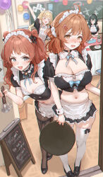 &gt;_&lt; 4girls absurdres ahoge alternate_costume apron arm_up balloon bell black_hair black_pantyhose black_shirt black_shoes black_skirt blonde_hair blue_eyes blue_ribbon blush braid breasts brown_eyes brown_hair chair chalkboard cleavage closed_eyes commentary_request crop_top double_bun embarrassed enmaided fang folding_chair fujita_kotone gakuen_idolmaster hair_bun hair_intakes hanami_saki hanami_ume highres holding holding_bell holding_tray idolmaster jingle_bell large_breasts leaning_forward low_twin_braids maid maid_apron maid_cafe maid_headdress menu_board midriff multiple_girls navel neck_ribbon nose_blush open_mouth pantyhose puffy_short_sleeves puffy_sleeves ribbon shirt shoes short_sleeves siblings single_hair_bun single_side_bun sisters skin_fang skindentation skirt small_breasts smile standing stomach sweat thighhighs thighs tray tsukimura_temari twin_braids v-shaped_eyebrows white_thighhighs yam810