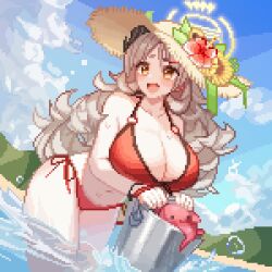1girl bare_shoulders beach bikini blue_archive blue_sky blush breasts bucket cleavage cloud collarbone day grey_hair hair_ornament hairclip halo hat holding holding_bucket horns izumi_(blue_archive) izumi_(swimsuit)_(blue_archive) large_breasts long_hair looking_at_viewer navel o-ring o-ring_bikini octopus official_alternate_costume open_mouth outdoors pixel_art red_bikini side-tie_bikini_bottom sky solo straw_hat swimsuit tinia_etru water yellow_eyes yellow_halo