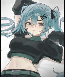 Rule 34 | 1girl, aqua hair, arch 05x, arm warmers, belt, black shirt, bow, breasts, check copyright, copyright request, crop top, crop top overhang, earrings, expressionless, green eyes, green shirt, hair between eyes, hair bow, hair ornament, hairclip, highres, jewelry, long hair, looking at viewer, lying, medium breasts, midriff, mole, mole under eye, navel, on back, original, parted lips, shirt, short sleeves, simple background, sleeveless, sleeveless shirt, solo, stomach, undershirt, upper body, white background, x hair ornament