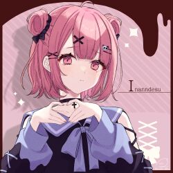 1girl ahoge artist_name black_choker black_scrunchie blush choker closed_mouth double_bun expressionless hair_bun hair_ornament hair_scrunchie hairclip heart heart_hands highres looking_at_viewer mole mole_under_eye nijisanji panda_hair_ornament pink_eyes pink_hair sasaki_saku scrunchie shadow shiraki_shiro short_hair solo upper_body virtual_youtuber x_hair_ornament