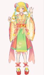 Rule 34 | adapted costume, ankle ribbon, aqua bow, blonde hair, blue bow, bow, bridal gauntlets, bun cover, closed mouth, cure yum-yum, delicious party precure, dot nose, double bun, drill hair, eyelashes, frilled anklet, frilled hakama, green tabard, grey background, hair bow, hair bun, hakama, hakama skirt, hanamichi ran, heart, heart print, highres, japanese clothes, kimono, leg ribbon, light blush, long hair, long sleeves, medium skirt, okobo, one eye closed, orange hakama, pink bow, pink eyes, platform sandals, precure, red ribbon, red sandals, ribbon, rurui (jac7860), sandals, short kimono, simple background, skirt, smile, socks, tabard, tabi, third-party source, twin drills, white bridal gauntlets, white socks, wide sleeves, yellow kimono
