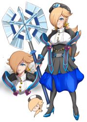 1girl axe beret blonde_hair blue_eyes breasts cosplay dress earrings enuzemu_mldre francisca_(kirby) francisca_(kirby)_(cosplay) hair_over_one_eye hat high_heels highres jewelry kirby_(series) kirby_star_allies large_breasts long_hair mario_(series) nintendo pantyhose parted_lips rosalina smile solo super_mario_galaxy very_long_hair weapon
