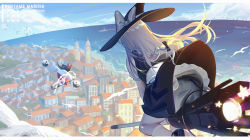 Rule 34 | 2girls, bird, black dress, black headwear, blonde hair, bloomers, bow, braid, broom, broom riding, character name, city, cloud, day, dress, floating hair, flock, from behind, gohei, hakurei reimu, hat, hat bow, highres, kirisame marisa, long hair, midair, multiple girls, ocean, orb, outdoors, short sleeves, sky, touhou, white bloomers, wind, wind lift, witch hat, xtears kitsune, yin yang, yin yang orb