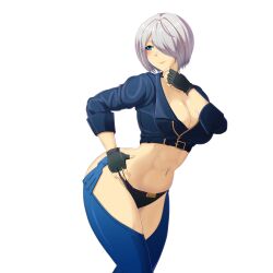 1girl angel_(kof) ass blue_eyes breasts cleavage curvy female_focus fingerless_gloves gloves hair_over_one_eye hand_on_own_hip huge_ass jacket large_breasts leather leather_gloves leather_jacket looking_back one_eye_covered pale_skin panties short_hair smile smiley_face standing the_king_of_fighters thick_thighs thighs underwear white_hair wide_hips zerocgm