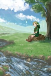 1boy boots brown_footwear cloud cloudy_sky fairy grass green_tunic highres holding_ocarina leather leather_boots link navi nintendo on_rock outdoors river rock sitting sky the_legend_of_zelda the_legend_of_zelda:_ocarina_of_time tree tunic young_link yuuyou_(link1357zelda)