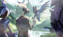 1boy amethio_(pokemon) bird blurry ceruledge commentary copituji corviknight corvisquire day depth_of_field gen_8_pokemon gloves highres long_sleeves male_focus multicolored_hair nintendo outdoors pants pokemon pokemon_(anime) pokemon_(creature) pokemon_horizons shirt short_hair symbol-only_commentary two-tone_hair