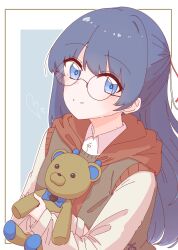 1girl blue_background blue_eyes blue_hair border brown_jacket brown_sweater_vest closed_mouth collared_shirt commentary_request dress_shirt glasses highres hood hooded_jacket hugging_doll hugging_object jacket link!_like!_love_live! long_hair love_live! momiji_(moj_0404) murano_sayaka murano_sayaka_(chara_dolce) official_alternate_costume open_clothes open_jacket outside_border shirt simple_background sleeveless sleeveless_jacket smile solo split_mouth stuffed_animal stuffed_toy sweater_vest teddy_bear upper_body virtual_youtuber white_border white_shirt