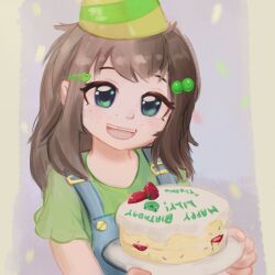 1girl 2024 absurdres blue_overalls brown_hair cake character_name child english_text food freckles green_eyes green_shirt happy_birthday hat highres holding holding_plate indie_virtual_youtuber lily_hopkins open_mouth overalls party_hat plate shirt solo thegeniea1