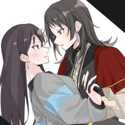 Rule 34 | 2girls, bang dream!, bang dream! it&#039;s mygo!!!!!, black gloves, black hair, blue eyes, capelet, commentary request, earrings, eye contact, gloves, grey jacket, highres, jacket, jewelry, long hair, looking at another, medium hair, multiple girls, nanami (nunnun 0410), open mouth, purple eyes, red capelet, shiina taki, timoris (bang dream!), upper body, yahata umiri, yuri