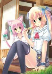 2girls animal_ears bad_id bad_pixiv_id black_legwear blonde_hair blush borrowed_character breasts cat_ears cat_tail cleavage collarbone fang food green_eyes hair_ornament hair_ribbon hairclip highres ichiroku kayari_buta large_breasts long_hair multiple_girls open_mouth original pink_hair popsicle porch red_eyes ribbon sena_(ichiroku) shia_flatpaddy sitting skirt small_breasts summer tail tail_ornament tail_ribbon thighhighs twintails veranda watermelon_bar wrist_cuffs