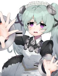 1girl absurdres apron black_dress breasts commentary_request corin_wickes cuffs dress green_hair green_nails hair_between_eyes hands_up highres long_hair looking_at_viewer maid maid_apron maid_headdress open_mouth outstretched_arms puffy_short_sleeves puffy_sleeves purple_eyes screw_hair_ornament short_sleeves simple_background sweat twintails watblood white_apron zenless_zone_zero