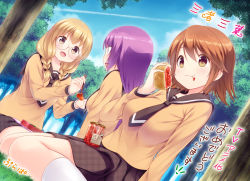 3girls announcement_celebration blonde_hair bread brown_eyes brown_hair eating food food_art glasses hayama_teru jam long_hair multiple_girls nishikawa_youko odagiri_futaba purapa purple_eyes purple_hair sansha_san&#039;you sausage school_uniform serafuku short_hair skirt tako-san_wiener translated
