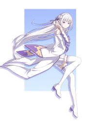 Rule 34 | 1girl, absurdres, bare shoulders, blue background, boots, border, braid, closed mouth, commentary request, crown braid, dress, elf, emilia (re:zero), flower, hair flower, hair ornament, highres, holding, holding own hair, long hair, looking at viewer, luyue, pointy ears, purple eyes, re:zero kara hajimeru isekai seikatsu, skirt, solo, thigh boots, white boots, white border, white dress, white hair, white skirt, wide sleeves, x hair ornament