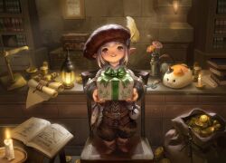 1girl belt beret book boots box brown_boots candle chair coin commentary english_commentary fat_cat_(ff14) final_fantasy final_fantasy_xiv flower gift gift_box hat hat_feather highres holding holding_gift indoors lalafell lamp livia_prima looking_at_viewer magic:_the_gathering official_art on_chair open_book pink_eyes pink_hair pointy_ears red_hat sack scroll short_hair smile solo standing standing_on_chair stone_wall tataru_taru