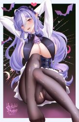 1girl absurdres ahoge arms_behind_head ascot black_bow black_bowtie black_pantyhose blush bow bowtie breasts cameltoe cleavage commentary foot_out_of_frame hair_between_eyes highres hollow_mimikyu large_breasts long_hair looking_at_viewer no_shoes open_mouth pantyhose purple_ascot purple_hair red_eyes signature sitting solo teeth torn_clothes torn_pantyhose twitter_username twitter_x_logo upper_teeth_only very_long_hair vivian_banshee zenless_zone_zero