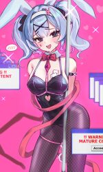 1girl absurdres animal_ear_hairband animal_ears bare_shoulders black_eyes black_leotard black_pantyhose black_ribbon blue_hair blush bow bowtie breasts card clothing_cutout contrapposto covered_navel cowboy_shot creenoy detached_collar dialogue_box facial_mark fake_animal_ears fishnet_pantyhose fishnets framed_breasts glint hair_ornament hair_ribbon hairband halter_leotard halterneck hatsune_miku heart heart_cutout highleg highleg_leotard highres icon_(computing) leotard looking_at_viewer medium_breasts microsoft_windows multicolored_hair necktie open_mouth pantyhose pink_background pink_hair pink_pupils playing_card rabbit_ears rabbit_hole_(vocaloid) red_bow red_bowtie red_necktie red_ribbon restrained ribbon short_hair short_necktie solo spaghetti_strap sparkle spoken_blush standing streaked_hair sweat traditional_bowtie vocaloid wavy_hair white_hairband windows_xp x_hair_ornament