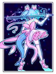 1girl blue_hair bob_cut bow dark_background dawnfire dynamic_pose elbow_gloves electricity footwear_bow frilled_skirt frills gloves glowing glowing_sword glowing_weapon hair_bow hair_ribbon high_heels large_bow lightning magical_girl original petticoat ribbon short_hair skirt solo star_(sky) starry_sky_background sword thighhighs weapon