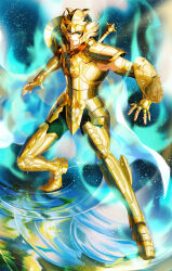 1boy arm_shield armor aura brown_hair cape glint gold_armor gold_cloth gold_helmet gold_saint green_eyes hands_up highres libra_douko looking_at_viewer male_focus medium_hair moon-lucky pauldrons ripples saint_seiya shoulder_armor smile solo spiked_shield star_(sky) water weapon weapon_on_back white_cape