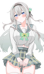 1girl @_@ black_hairband black_ribbon blush bow bowtie checkered_bow checkered_bowtie checkered_clothes checkered_skirt closed_mouth collared_shirt firefly_(honkai:_star_rail) firefly_(spring_missive)_(honkai:_star_rail) gluteal_fold gradient_eyes gradient_hair green_bow green_bowtie green_pupils grey_hair grey_sailor_collar grey_skirt hair_between_eyes hair_intakes hair_ornament hair_ribbon hairband highres honkai:_star_rail honkai_(series) long_hair multicolored_eyes multicolored_hair own_hands_together pleated_skirt ribbon sailor_collar shirt simple_background skirt solo sweatdrop thighhighs two-tone_eyes white_background white_shirt white_thighhighs yumeneko_nyaa