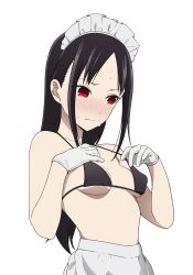 Rule 34 | 1girl, absurdres, alternate costume, apron, bikini, black bikini, black hair, blush, breasts, coro fae, enmaided, gloves, highres, kaguya-sama wa kokurasetai ~tensai-tachi no renai zunousen~, long hair, maid, maid bikini, maid headdress, red eyes, shinomiya kaguya, sidelocks, small breasts, solo, sweat, swimsuit, unconventional maid, waist apron, white gloves