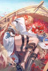 1boy absurdly_long_hair absurdres androgynous bell bishounen black_sash blonde_hair boat boots chinese_clothes code:_kite dappled_sunlight day feet_out_of_frame flipped_bangs flower genren_jiu_qu grey_boots hair_between_eyes hair_spread_out hanfu highres jingle_bell lips long_hair long_sleeves looking_to_the_side lying male_focus on_boat on_side outdoors painterly parted_lips petals petals_on_liquid profile red_flower red_petals red_rose rose rowboat sash sideways_glance solo sunlight thigh_strap thighs very_long_hair water watercraft white_hanfu wide_sleeves zhang_he_(code:_kite)