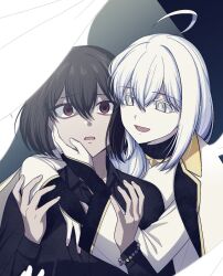 2girls ahoge bright_pupils brown_hair curtains grey_eyes hand_on_another&#039;s_face highres hskim12gh looking_at_another multiple_girls original red_eyes white_hair white_pupils yuri