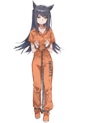 1girl absurdres animal_ears arknights bound bound_legs bound_wrists cuffs grey_hair handcuffs highres long_hair prison_clothes prisoner restrained sao7 texas_(arknights) yellow_eyes