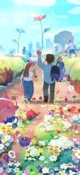 Rule 34 | 1boy, 1girl, amelicart, apple, arm up, bag, black bag, black eyes, black shoes, black skin, blue flower, blue pants, blue pikmin, blue skin, blue sky, brown hair, bud, carrying, carrying over shoulder, closed mouth, cloud, collared shirt, colored skin, cup, dark-skinned male, dark skin, day, denim, disposable coffee cup, disposable cup, drink, flower, flower pot, flying, food, fruit, game cg, gift, green apple, grey pants, grey shoes, happy, highres, holding, holding bag, holding drink, insect wings, jeans, leaf, leg up, light particles, lily pad, long hair, long sleeves, looking at creature, looking back, nintendo, no mouth, official art, orange (fruit), outdoors, oversized plant, pansy, pants, park, people, pikmin (creature), pikmin (series), pikmin bloom, pink flower, pink skin, pocket, pointy nose, purple pikmin, purple skin, red flower, red pikmin, red skin, rock, rock pikmin, scenery, shirt, shoes, short hair, short sleeves, sky, skyline, smile, sneakers, solid oval eyes, sprout, straight hair, triangle mouth, walking, white flower, white pikmin, white shirt, winged pikmin, wings, yellow flower, yellow pikmin