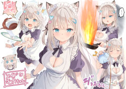 ... 1girl :d @_@ akino_ell animal_ear_fluff animal_ears apron blue_eyes breasts brown_ribbon chibi cleavage cleavage_cutout closed_eyes closed_mouth clothing_cutout commentary_request cup dress failure fire flying_sweatdrops frilled_apron frills frying_pan grey_hair hair_between_eyes hair_ornament hair_ribbon hairclip half-closed_eyes heart heart_cutout heart_hair_ornament holding holding_saucer long_hair maid maid_headdress medium_breasts multiple_views notice_lines one_side_up open_mouth original pouring puffy_short_sleeves puffy_sleeves purple_dress ribbon saucer short_sleeves smile spoken_ellipsis sugar_cube surprised teacup teapot tears translation_request very_long_hair white_apron