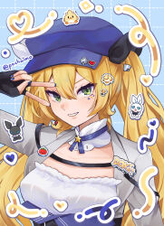 1girl absurdres bao_bao_(dokibird) beret blonde_hair blue_hat blue_nails bow character_name collar detached_collar dokibird_(vtuber) dokibird_(vtuber)_(retro_doki) dragoon_(dokibird) green_eyes grey_jacket hair_bow hat highres indie_virtual_youtuber jacket looking_at_viewer mei_mei_(dokibird) multiple_hair_bows nail_polish pochaimo shirt smile solo twintails v v_over_eye virtual_youtuber white_collar white_shirt