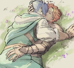 2boys aqua_cape aqua_tunic armor belt blue_hair brown_belt brown_gloves cape chest_belt closed_eyes commentary felix_hugo_fraldarius felix_hugo_fraldarius_(timeskip) fire_emblem fire_emblem:_three_houses flower fur-trimmed_collar fur-trimmed_gloves fur-trimmed_hood fur_trim gauntlets ginger_8888 gloves grass hand_on_another&#039;s_back hand_on_another&#039;s_head highres hood hood_down hooded_cape kiss lying lying_on_person male_focus multiple_boys nintendo on_back orange_hair parted_hair pauldrons purple_flower red_fur shoulder_armor sylvain_jose_gautier sylvain_jose_gautier_(timeskip) tunic yaoi