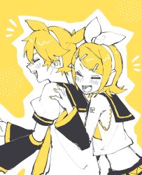 +++ 1boy 1girl bare_shoulders belt black_sailor_collar black_shorts black_sleeves blonde_hair bow closed_eyes crop_top detached_sleeves flat_chest hair_bow hair_ornament hairclip hand_on_another&#039;s_back hand_on_another&#039;s_shoulder happy headphones headset highres kagamine_len kagamine_rin laughing leaning_on_person limited_palette lower_teeth_only midriff monochrome necktie number_tattoo open_mouth paripariparingo sailor_collar shirt short_hair short_sleeves shorts shoulder_tattoo siblings skinny sleeveless sleeveless_shirt smile swept_bangs tattoo teeth twins upper_teeth_only vocaloid white_bow yellow_background yellow_belt yellow_nails yellow_necktie yellow_theme