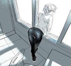 1boy androgynous ass ass_focus bishounen chair classroom collared_shirt desk eyeliner from_behind high_school_boy highres hong_iltak looking_outside makeup male_focus monochrome parkgee red_eyeliner sanpaku school_uniform shirt short_hair smile solo spot_color trap window