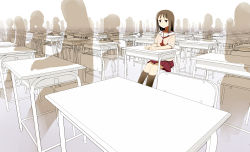 1girl 3d azumanga_daiou black_hair depressed desk female_focus kasuga_ayumu perspective school_desk school_uniform serafuku short_hair silhouette solo sorethroat