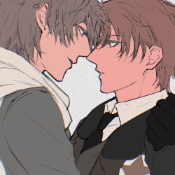 Rule 34 | 2boys, america (hetalia), axis powers hetalia, black gloves, black necktie, blue eyes, brown hair, clenched hand, closed mouth, coat, collared shirt, commentary request, fur-trimmed jacket, fur trim, gloves, grey background, grey coat, grey hair, grey jacket, hair between eyes, hand up, highres, jacket, knife80s, long sleeves, male focus, military jacket, military uniform, multiple boys, necktie, open clothes, open jacket, puffy long sleeves, puffy sleeves, purple eyes, russia (hetalia), scarf, shirt, short hair, simple background, smile, star (symbol), star print, teeth, upper body, white scarf, white shirt, yaoi