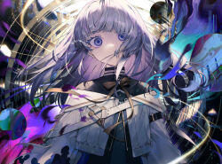 1girl arcaea black_dress bow dress earrings empty_eyes hair_between_eyes insight_(arcaea) insight_(designant)_(arcaea) jewelry long_sleeves non-web_source purple_eyes shirt smile solo suzunashi white_hair white_shirt yellow_bow