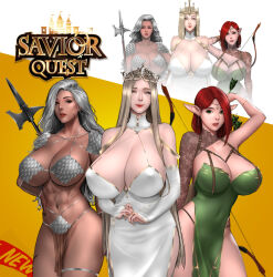 1girl 5girls abs armor armor_bow arrow bare_shoulders bikini_armor blonde_hair breasts circlet cleavage crown dark-skinned_female dark_elf dark_skin dress elf green_eyes grey_hair highres huge_breasts jewelry large_breasts lips long_hair long_pointy_ears looking_at_viewer multiple_girls muscular muscular_female original pointy_ears red_hair revealing_clothes scar scar_on_face scarlett_ann short_hair smile sword weapon