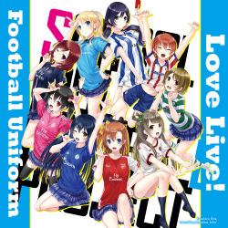 10s 6+girls :d ac_milan arsenal_fc artist_name ayase_eli barclays_premier_league black_hair black_legwear blonde_hair blue_eyes blue_hair blue_skirt brown_hair celtic_fc club_atletico_de_madrid england fc_porto fc_schalke_04 fc_zenit france germany green_eyes hair_bobbles hair_ornament hoshizora_rin italy jersey kazuharu_kina koizumi_hanayo kosaka_honoka long_hair love_live! love_live!_school_idol_project minami_kotori multiple_girls nico_nico_nii nishikino_maki open_mouth orange_hair paris_saint-germain plaid_clothes plaid_skirt pleated_skirt polo_shirt portugal purple_eyes purple_hair real_madrid red_card red_eyes red_hair russia short_hair shorts side_ponytail simple_background skirt smile soccer soccer_uniform socks sonoda_umi sportswear striped thighhighs tojo_nozomi v vertical_stripes watermark web_address white_background yazawa_nico yellow_eyes