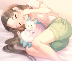 1girl blush brown_hair closed_eyes commentary_request feet_out_of_frame gakuen_idolmaster gen_4_pokemon green_shorts idolmaster kuramoto_china lens_flare lying nintendo on_side pachirisu pokemon pokemon_(creature) shirt shizuki_aya shorts sidelocks solo teeth upper_teeth_only watermark white_shirt